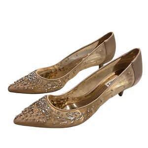 Badgley Mischka Onyx Crystal Studded  Embellished Kitten Heel Pump Women 9 Gold